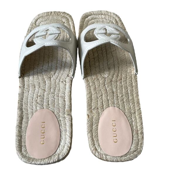 GUCCI Interlocking G Leather Cut Out Espadrille Sandals White Size 39.5 NEW - Picture 10 of 15